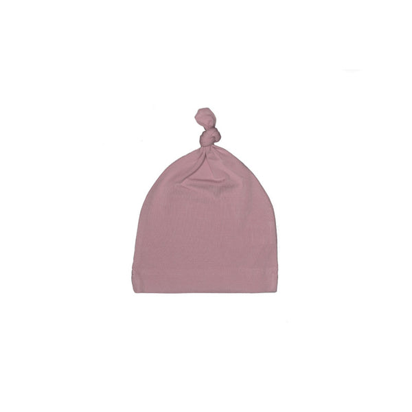 Knotted baby hat in plum